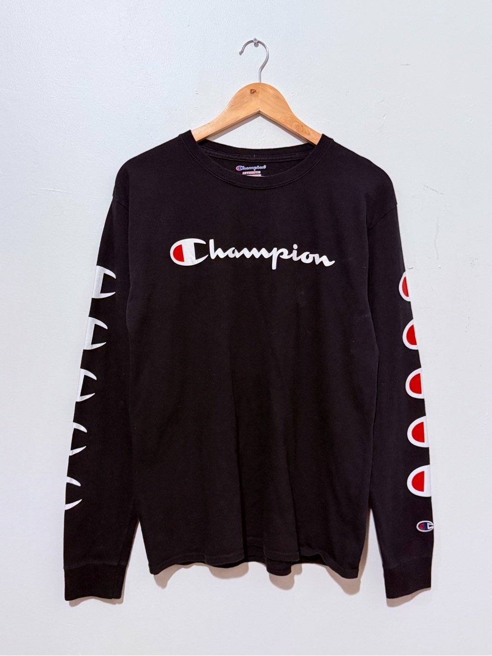 Champion Black Long-Sleeve Logo Crew with Red & White Accents